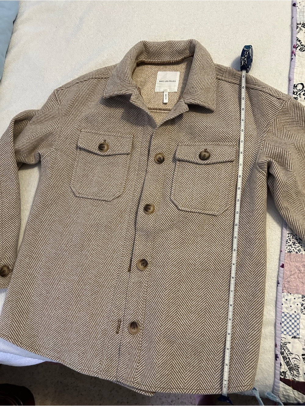 Avec Les Filles Neutral Beige Herringbone Pea Coat